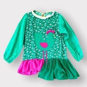 AMO MAKARIA Boho Eyelet sleeve Ruffle hem top Green Magenta pink Size M NWOT